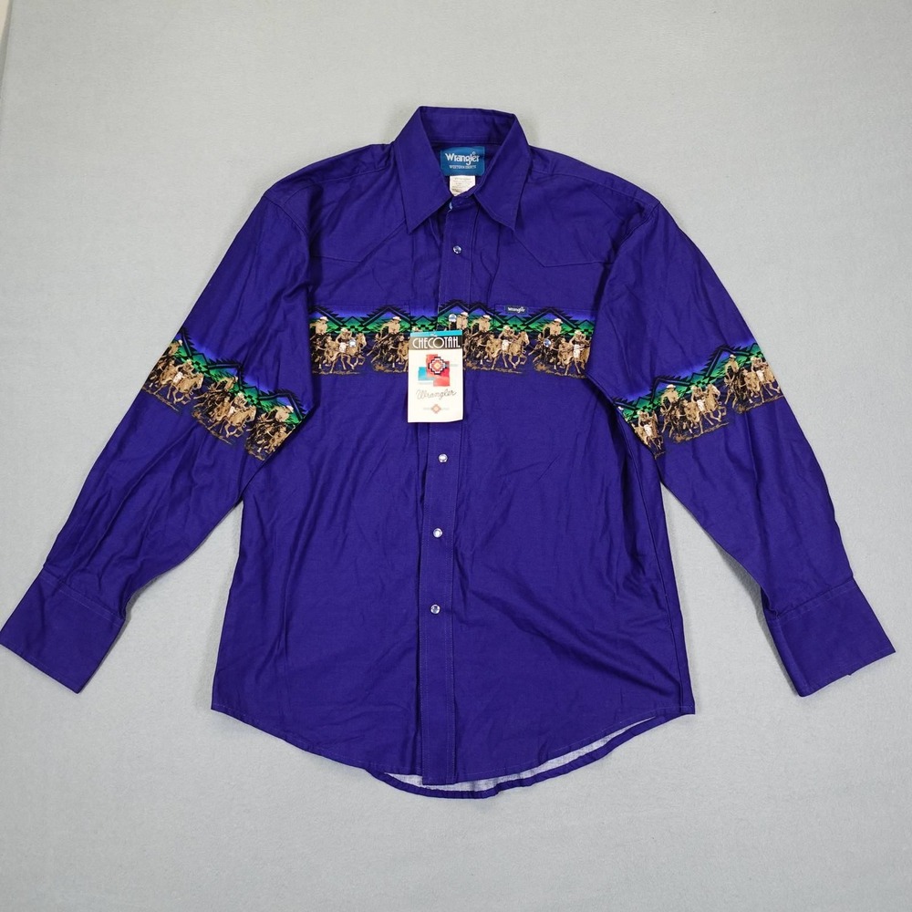 Wrangler Western Shirt Mens M Tall Purple Checotah Snap Horse Print Cowboy Rodeo